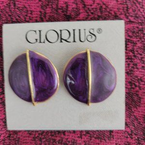 Purple Enameled Round Stud Earrings Gold Tone